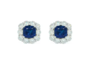 Boucles d'oreilles Charmantes Saphir bleu de laboratoire, diamants en or blanc 14K