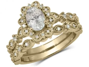 Set d'alliances Théonie style vintage saphir blanc ovale et diamants en or jaune 14k pour femme