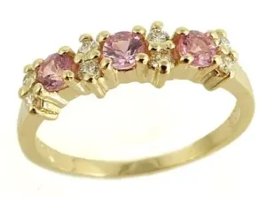 Jonc semi-éternité saphirs roses et diamants double en or jaune 14k