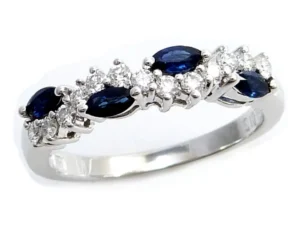 Jonc semi-éternité saphirs bleus taille marquise et diamants en or blanc 14k pour femme