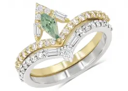 Set d'alliances Sobieski saphir de laboratoire vert taille bouclier et diamants en or blanc et jaune 14K