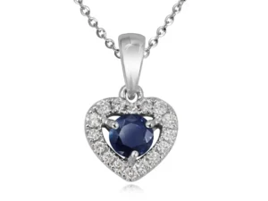 Pendentif Galanterie coeur à diamants et saphir bleu en or blanc 14k