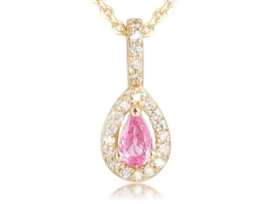 Pendentif saphir rose taille poire et halo de diamants en or jaune 14k pour femme