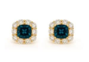 Charmantes Boucles d'oreilles luxueuses avec pierres fines et halo de diamants en OR 14K