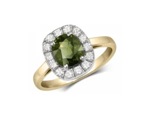 Bague saphir vert coussin et diamants en or jaune et blanc 14k pour femme