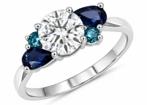 Bague Quinta diamant solitaire 1 carat saphirs poire et diamants bleus en or blanc 14k pour femme