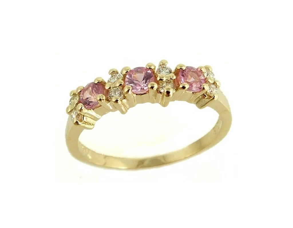 Jonc saphirs roses et diamants double en or jaune 14k