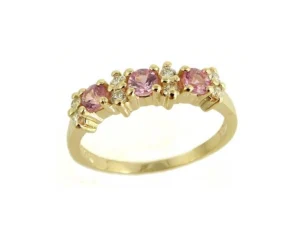 Jonc saphirs roses et diamants double en or jaune 14k