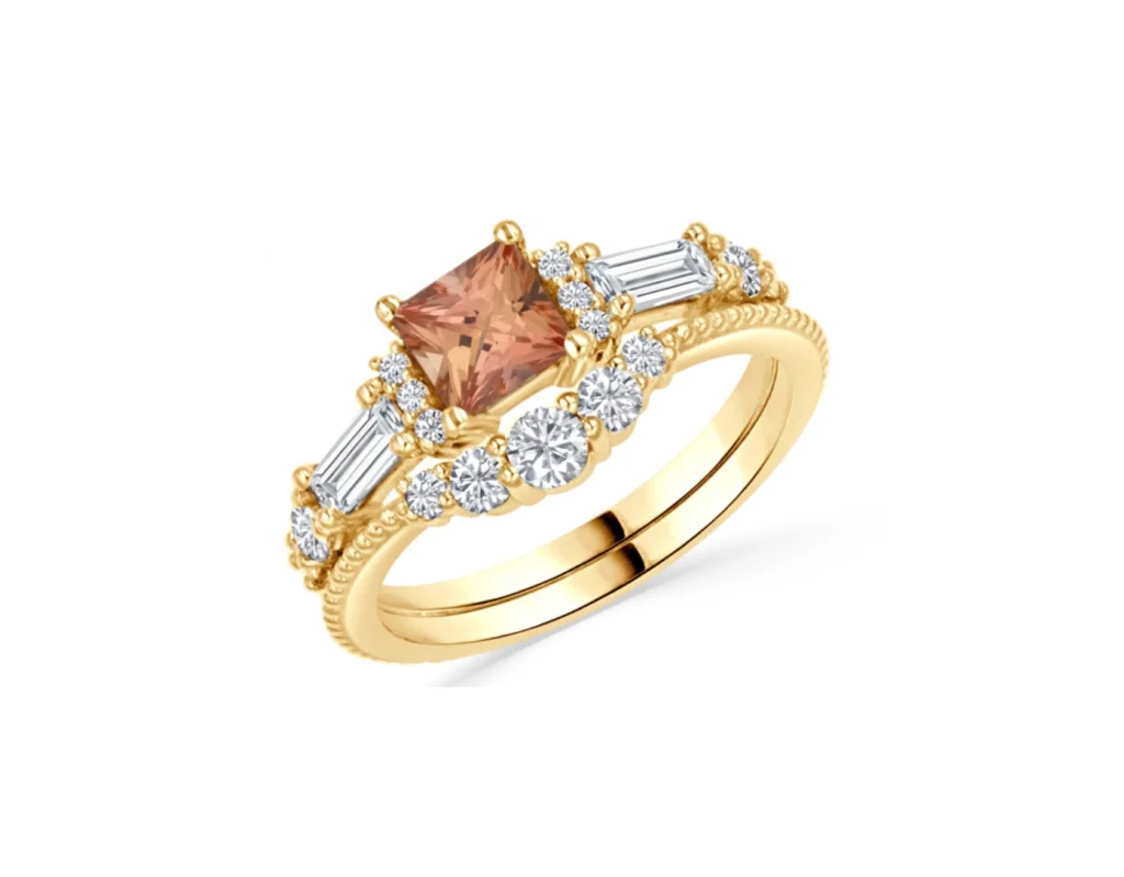 Set d'alliances Glorianne saphir padparadscha baguettes anneau contour millegrain en or jaune 14k