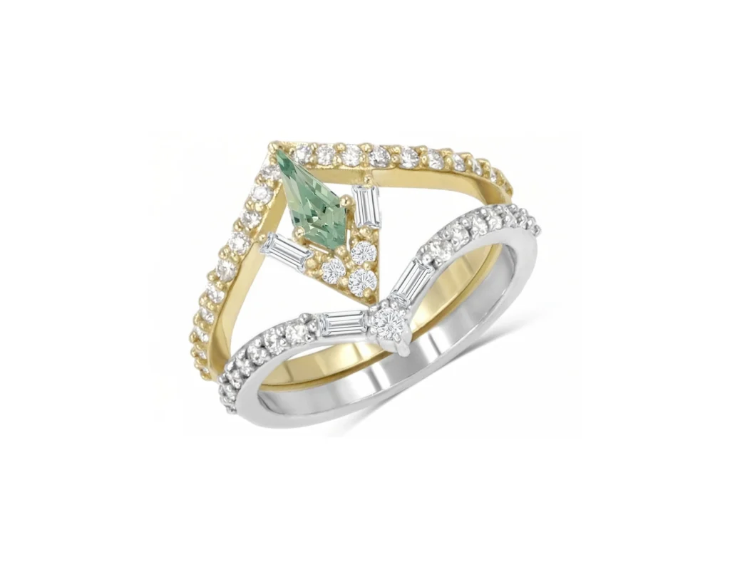 Set d'alliances saphir de laboratoire vert taille bouclier et diamants en or blanc et jaune 10K