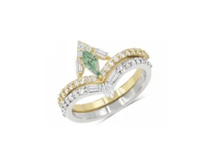 Set d'alliances saphir de laboratoire vert taille bouclier et diamants en or blanc et jaune 10K