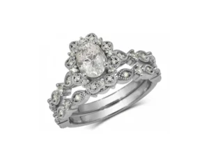 Set d'alliances style vintage saphir blanc ovale et diamants en or blanc 10k