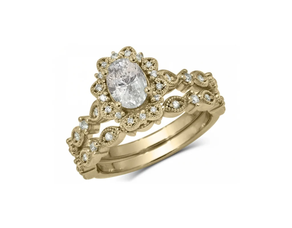 Set d'alliances style vintage saphir blanc ovale et diamants en or jaune14k