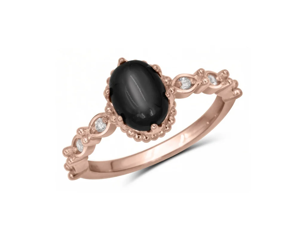 bague saphir noir étoilé et diamants en or rose 10k pour femme
