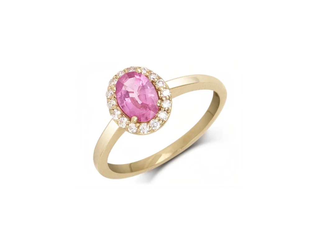 bague saphir rose ovale et halo de diamants en or jaune 14k
