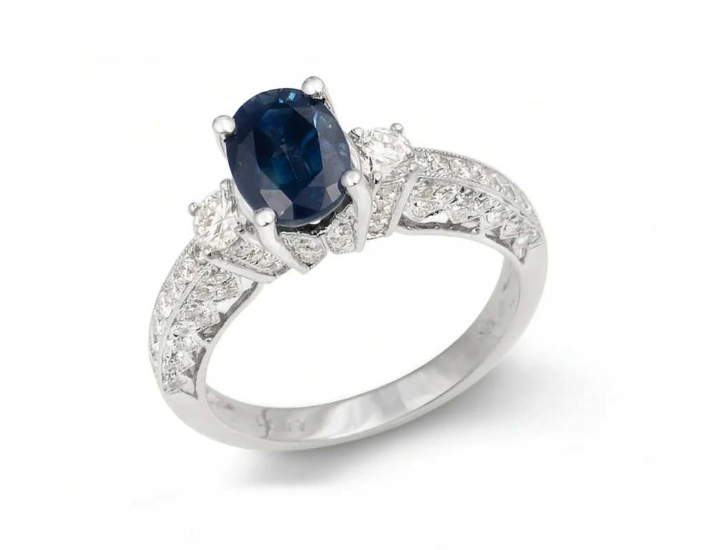bague victorienne saphir et diamants en or blanc 18k