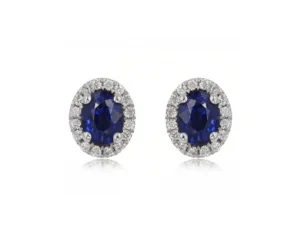 boucle d'oreilles saphirs bleus et halo de diamants en or blanc 14k