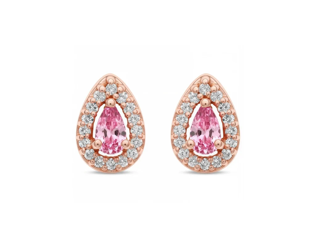 boucles d’oreilles 14K en or rose avec saphirs roses poire et diamants
