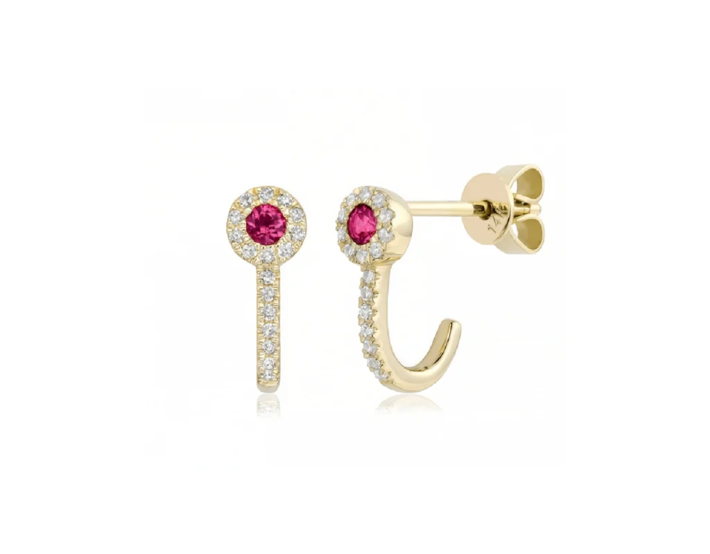 boucles d'oreilles demi-anneaux saphirs roses et halo de diamants en or 14k